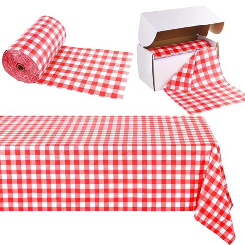 Image of Kochorie 54 Inch x 500 Ft Red Checkered Plastic Table Cloth Roll Disposable Waterproof Table Cover Plastic Table Cover Roll with Easy Slide Cutter for Outdoor Picnic /Home Dining /Summer Party