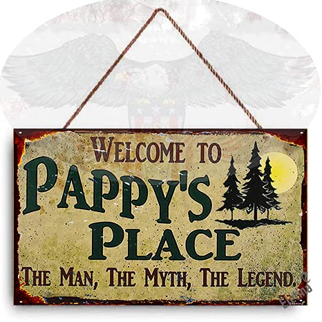 ELEtinaRetro Wooden Signs/Style Sign with Pine Trees Saying Welcome to Pappy's Place The Man, The Myth, The Legend. Decorative Fun Universal Household Family Signs for Grandpa Wooden Signs 8x12 INCH