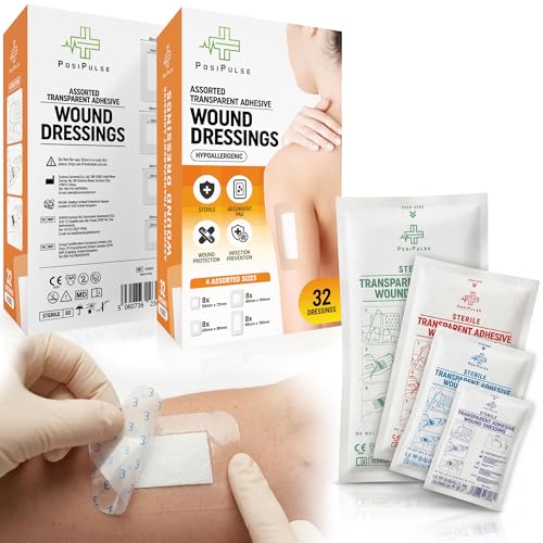 Posi Pulse Assorted Sterile Transparent Island Dressings 32 Pack Waterproof Hypoallergenic Adhesive Wound Plasters Absorbent Pad Individually Wrapped 4 Sizes 50x72mm 60x80mm 80x100mm 80x150mm