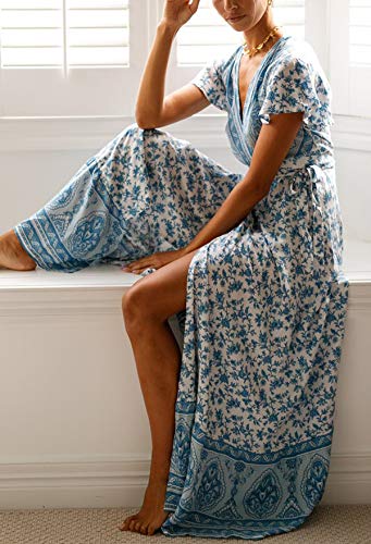 Image of R.Vivimos Women's Summer Short Sleeve Floral Print Bohemian Beach Waist Tie Wrap Long Flowy Dress with Slit