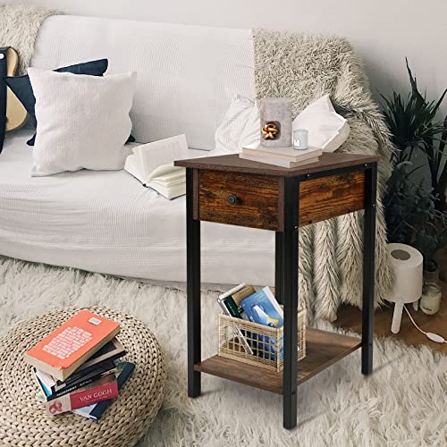 No More Tag Tall End Table With Drawer And Wooden Storage Shelf,Nightstand,Bedside Table With Steel Frame,Telephone Table,Side Table For Bedroom,Living Room,Small Spaces,2 Shelves (Rustic Brown) #TOP6