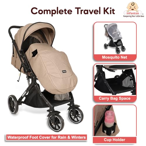 Image of Infantso GlideX Premium Baby Stroller / Pram, Reversible Handle, One-Hand Fold and 360 Rotating Wheels,, Travel Friendly, 5 Points Safety Harness, Extendable Canopy, Multilevel Recline, Adjustable Footrest, Easy Fold, Shock Absorption Wheels, for babies 0 to 3 years ( Khaki )