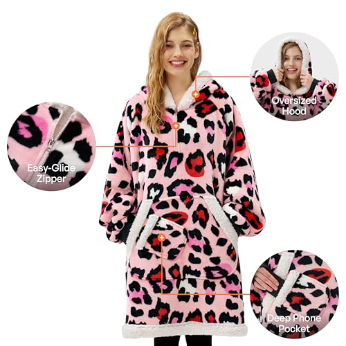 Image of Giggling Getup Wearable Blanket Hoodie for Adults Gifts for Teen Girls Sister Women Sherpa Fleece Printed Hooded Blanket Sweatshirt Warm Cozy with Pocket & Sleeves Pink Leopard