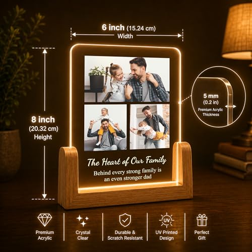Image of Giftplease Personalized Fathers Day Rectangular Acrylic Wood Tabletop Photo Frame | Custom Picture Layout Warm Led Light Base Desktop Night Decor Standee for Dad Papa Husband Stepdad Grandfather
