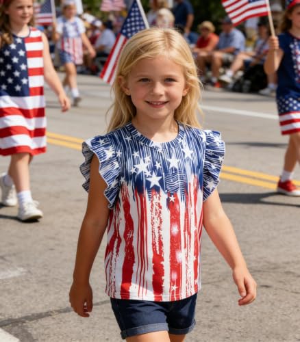 Image of Tkria Girls 4th of July Tank Tops Red White and Blue Shirt Toddler Girl American Flag Patriotic Outfit 2-7 Years