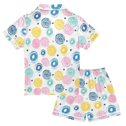 Colorful Cute Circle Pattern Summer Satin Pajama Set, Cute Button-Down Sleepwear Pj Set for Sleep Wears2
