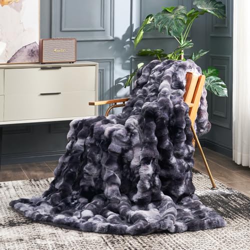Cozy Bliss Faux Fur Throw Blanket for Couch Fuzzy Soft Plush Thick Bubble Blanket for Sofa Bedroom Living Room 50 * 60 Inches Tie Dye Black