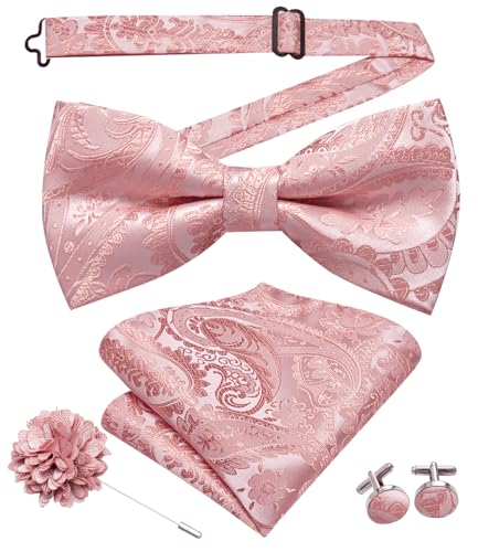 Image of Hi-Tie Blush Pink Pre-Tied Bowties for Men Silk Paisley Clip On Mens Bowtie Pocket Square Cufflinks Set for Wedding Party