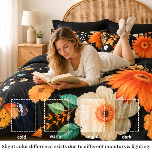 Image of BOV Textile Black Floral Comforter Set, Queen, 7-Piece Bed in a Bag | 7-Piece Queen Bed in a Bag with a 90 x 90 in Puffy Comforter, Floral Shams, Sheets, Pillowcases and 14 in Fitted Sheet
