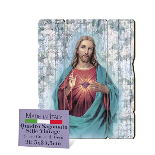 Fratelli Bonella, Bild des Heiligen Herzens Jesu, Vintage-Stil, Pappelholz, Dicke 8 mm, religiöses Bild, Schlafzimmer, 28,5 x 35,5 cm, 100 % Made in Italy