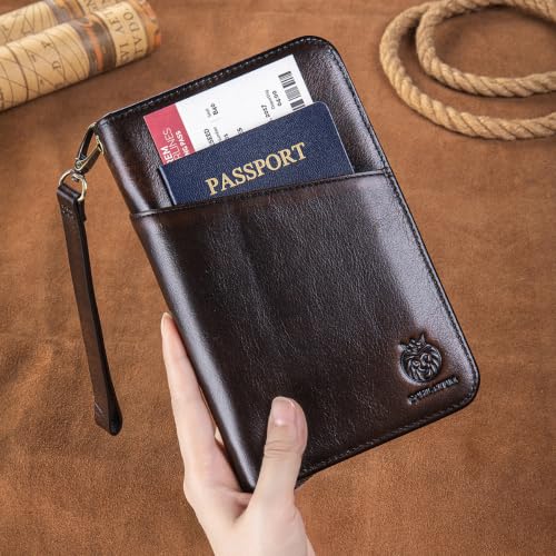 Image of Passport Holder for Travel Family with Strap Genuine Leather RFID Blocking Travel Document Organizer Wallet with Pen Holder, Antiqued