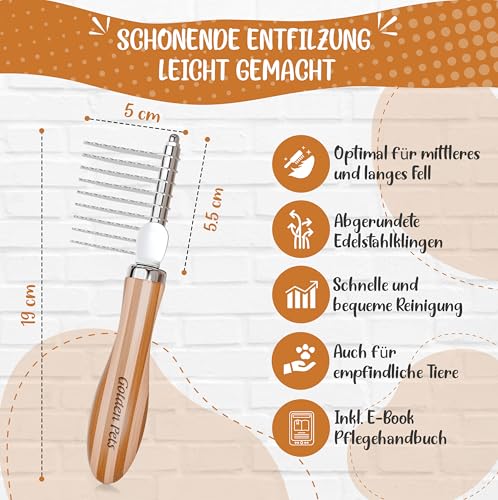 Golden Pets Entfilzer Kamm I Hunde- & Katzenbürste mittel bis langhaar geeignet I Kleine - große Tiere I Abgerundete Zinken I + E-Book Pflegehandbuch