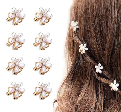 Diowino 8pcs Pearl Small Hair Clips - White Flower Claw Clips, Hair Accessories for Side Bangs, Cute Flower Hair Clips