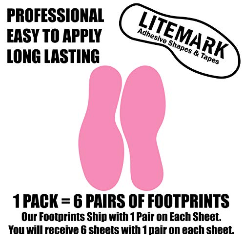 Litemark Removable Matte Finish Pink 9 Inch Medium Size Footprint Decal Vinyl Stickers | Great For Floors, Ceilings, Walls, And Most Smooth Surfaces | Pack Of 12 Footprints (6 Pairs) #TOP2