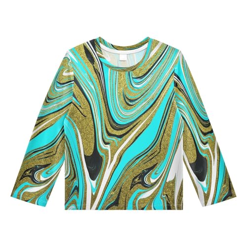 Swirl Fluid Marble Turquoise Boy's Rash Guard Swim Shirt Long Sleeve Sun Shirt for Swimming Pool Beach UPF50+ 3T