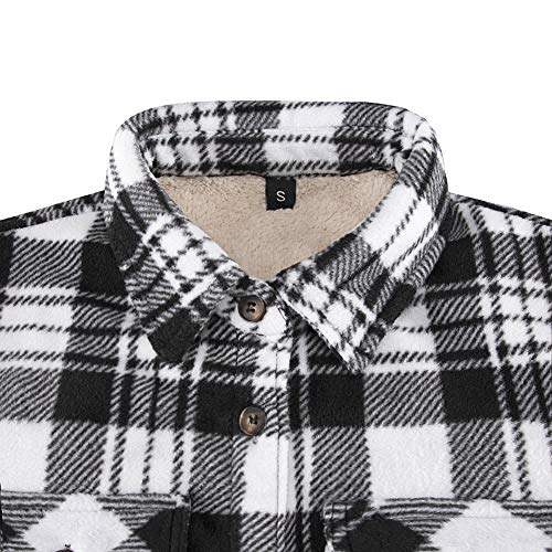 ThCreasa Womens Sherpa Fleece Lined Flannel Shirt Jacket Warm Button Up Plaid Shirt Jac(Sherpa Fleece Throughout) Black/White S - Image 3