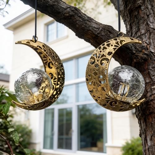 QCF Solar Moon Lanterns Outdoor Waterproof Decor, 2Pack Hanging Decorative Garden Lights, Outside Furniture Accessories Wall Tree Patio LED Ornaments , Mother\'s Day Fairy Gifts for Women Mom - Thumbnail 6