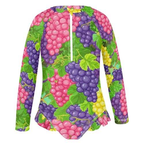 J JOYSAY Cartoon Grapes Leaves Aquamarine Girls One Piece Swimsuits Long Sleeve UPF 50+ Rash Guard Kids Swimwear 3-12 Years2