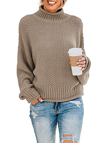 ZKESS Womens Casual Pullover Sweaters Turtleneck Long Batwing Sleeve Pullover Loose Chunky Knit Jumper Khaki Medium
