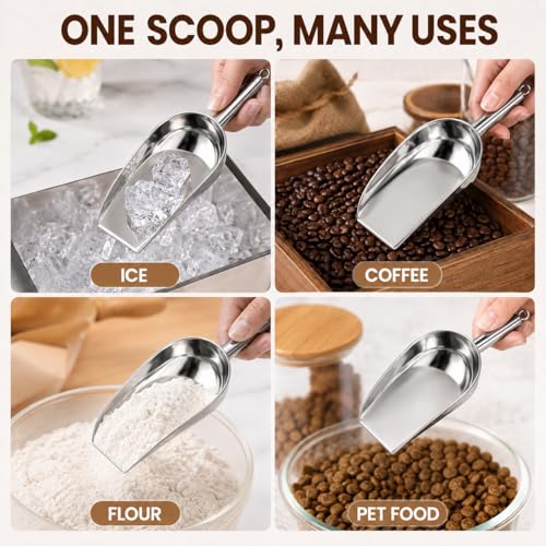 Image of Homoyoyo 2Pcs Stainless Steel Ice Scooper: Flat Bottom Stainless Steel Spatula Grain Soy Nuts Rice Scoop Pet Feed Feeding Scoop Flour Spoon Shovel Silver Ice Cube Shovel Kitchen