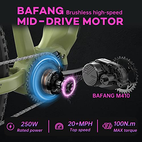 Glamvilla Electric Bike For Adults 250W Mid Drive Electric Bike Fat Tire 26" With 720Wh Removable Battery, Up To 25Mph, Shimano 9 Speed And Front Fork Suspension Bison Pro 27.5（Green） #TOP2