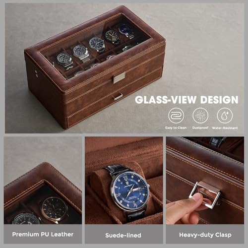 ProCase 12 Slot Uhrenbox für Herren，Uhrenkasten mit Schublade, Men’s Watch Box, Uhrenaufbewahrung Uhrenkoffer Uhrenschatulle - Braun