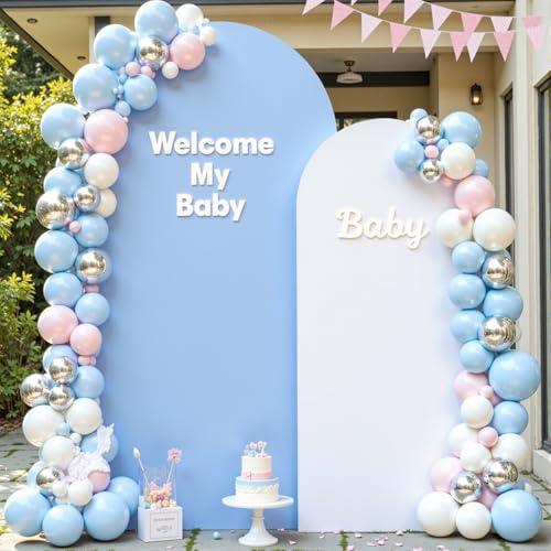 Image of Blue and White Arch Cover Set of 2 Spandex 7.2 and 6ft Arch Backdrop Cover Wedding Arch Stand Covers for Baby Shower Boy Birthday Party Bridal Shower Banquet Photo Background Decorations