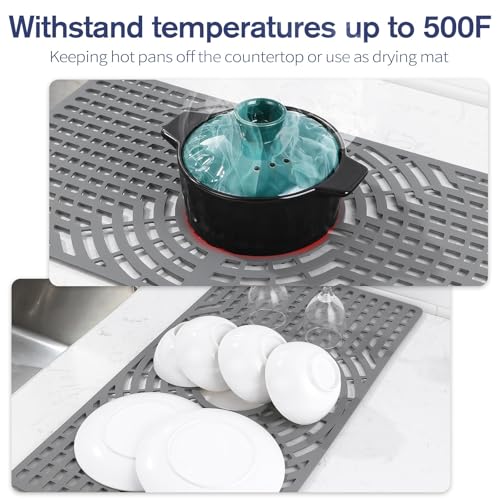 Snuggery Silicone Sink Protector 30"x16" Center Drain Hole, Heat Resistant Non-slip Dishwasher Suitable, Large Sink Mat for Bottom of Farmhouse Kitchen Stainless Steel Sinks (Grey)