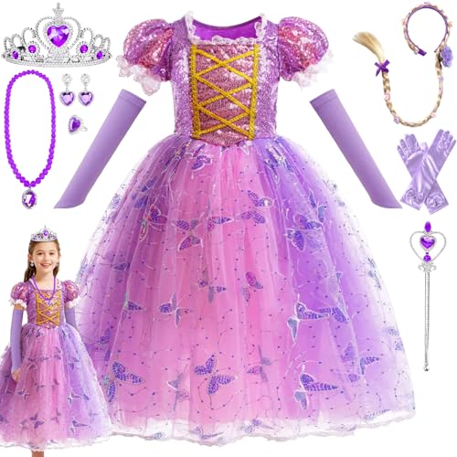 MKAKYES Disfarce Rapunzel para menina, disfarce princesa menina, com coroa e varinha, vestido de princesa meninas de sopra, vestido para Halloween Natal cosplay carnaval aniversário, roxo, 110 cm
