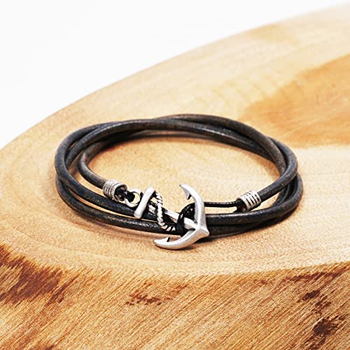 Jbans Handmade Genuine Leather Wrap Bracelet For Mens - Metal Anchor Hook Mens Leather Bracelets, Men's Jewelry, M Size - Fits 6.5"- 7.3" Wrist Size (Grey, 7.2) #TOP5