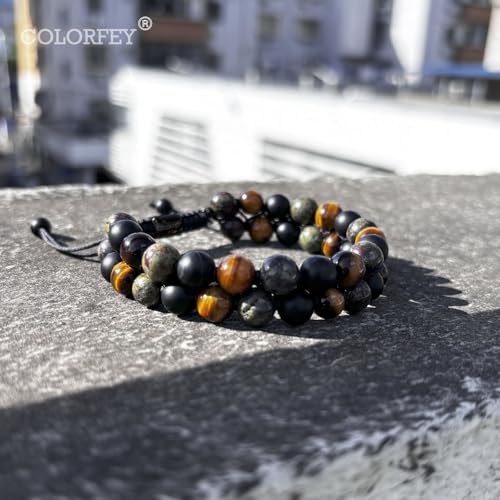 Triple Protection Bracelets for Men Protection Crystals Energy Beads Tigers Eye Onyx Bloodstone Mens Beads Bracelet Double Wrap, Natural Stone Crystal Bracelet for Men Gifts for Him Balance4