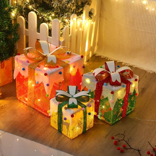 Led Geschenkbox Weihnachten mit Timer 3er Set, Led Deko Geschenke...