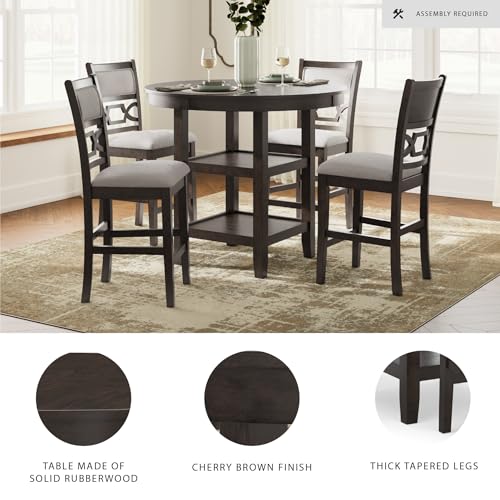 Signature Design by Ashley Langwest Transitional Diamond Patterned Counter Height Dining Table and 4 Upholstered Bar Stools, Set of 5, Dark Brown & Beige
