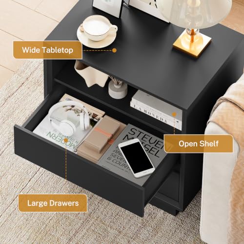 Image of TEENFON Night Stand with 2 Drawers and Open Shelf, Nightstand Bedside Table with Cut-Out Handle, End Table for Bedroom, Black, 17.7″ L x 15.7″ W x 23.6″ H