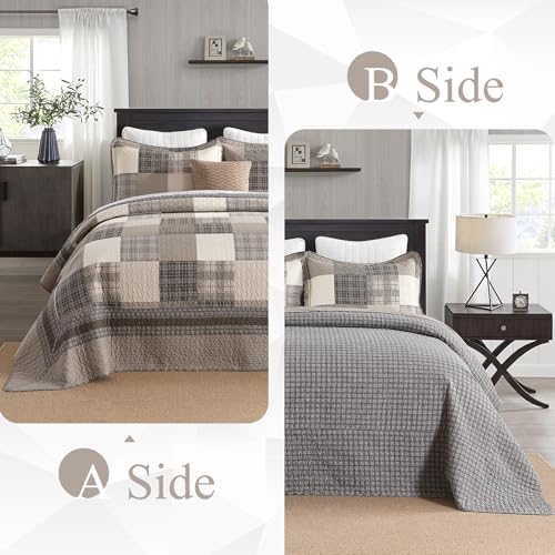 Image of 100% Cotton Oversized King Bedspread 128x120, Brown Khaki Plaid