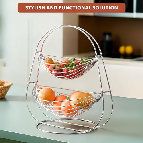 Image of Kuber Industries Stainless Steel 2 Tier Oval Swing Fruit and Vegetable Basket | Countertop Onion Potato Rack for Kitchen /Pantry | Fruit Basket for Dining Table | Vegetable Storage Stand | Silver