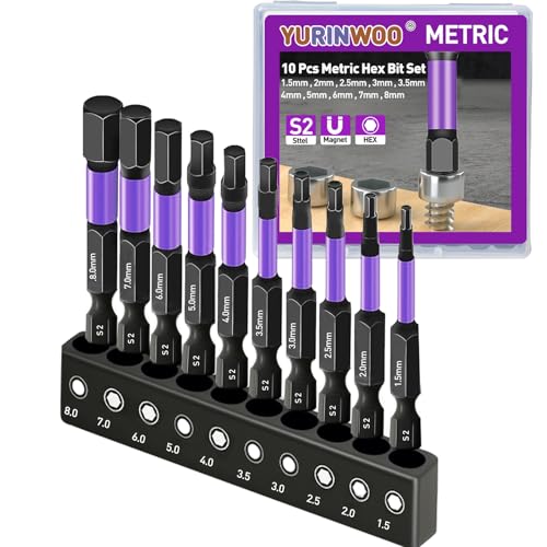 10Pcs Hex Head Allen Wrench Drill Bit Set (Metric) S2 Steel Bits Set CNC Machined Tips with Magnetism 1/4 Hex-Shank Inner Hexagon Screwdriver Bit 2 Long with Storage Box