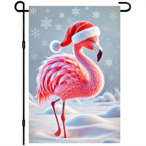 Image of BlissYard Winter Yard Flag Flamingo Red Hat 12x18 Inch Polyester