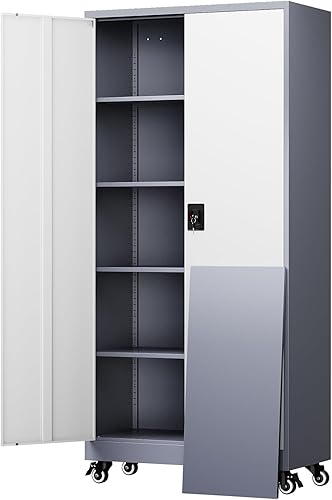 Miniatura 23 de Yizosh Armario de almacenamiento de metal para garaje con 2 puertas y 5 estantes ajustables, gabinete de archivo de acero con cerradura de 71