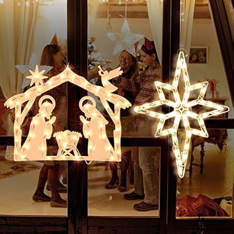 LAMPHOME Lighted Nativity and Bethlehem Star Christmas Window Silhouette Decoration Christmas Window Silhouette Lights Decorations Window Decorations for Christmas,Party,Home,Patio Lawn,Garden Cover