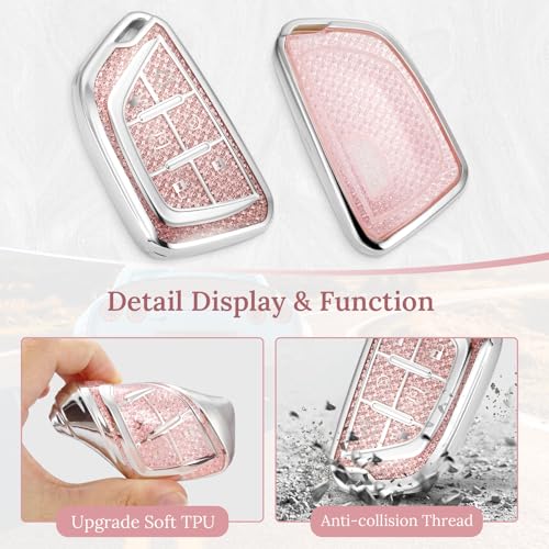 Image of Key Fob Cover for Cadillac, Soft TPU Case with Braided Keychain | Fits Escalade ATS XT4 /XT5 /XT6 XTS CT5 /CT6 ESV,Pink Diamond Pattern Cover for Cadillac Type B2 6-Button Key,360 Protection