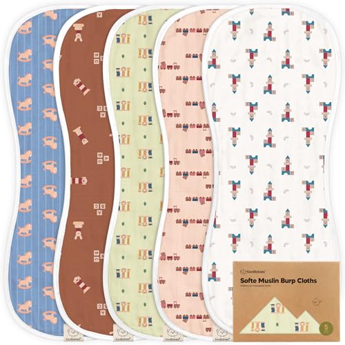 Image of 5-Pack Muslin Burp Cloths Baby Boy, Girl - Very Absorbent Baby Burp Cloth Rags, 8-Layers Viscose Derived from Bamboo Cotton Muslin Towel, Super Soft Spit Up Rags, No Shrink Washcloths (Toy Land)