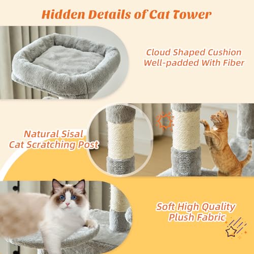 Image of Sweetcrispy 44 Inch Cat Tree Tower, Cat Climbing Tower with Natural Sisal Scratching Posts, Hammock, Pet Condo for Indoor Cats and Kittens Play, Light Grey