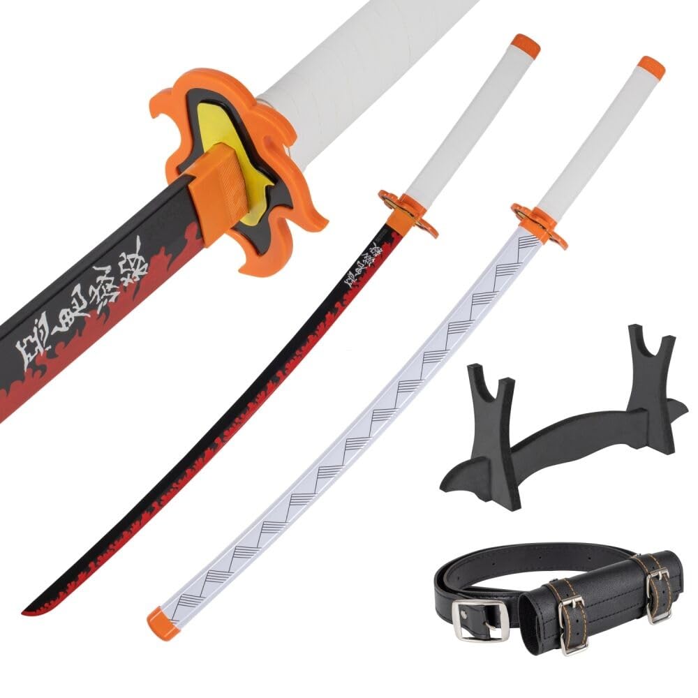 Wooden Katana Sword 30 inch / 77 cm with Belt Holder and Stand - Deamon Slayer Short Samurai Sword for Anime Cosplay - Bamboo Wakizashi Replica Swords - Decorative Collectables (No Sharp Edges)
