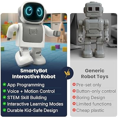 SmartyBot Smart Robot Toy for Kids - Interactive Remote Control Robot with App, Programmable Moves, 7 Customizable LED Eye Colors, Reacts to Music, STEM Learning Toy for Boys & Girls Ages 4 5 6 7 8 9