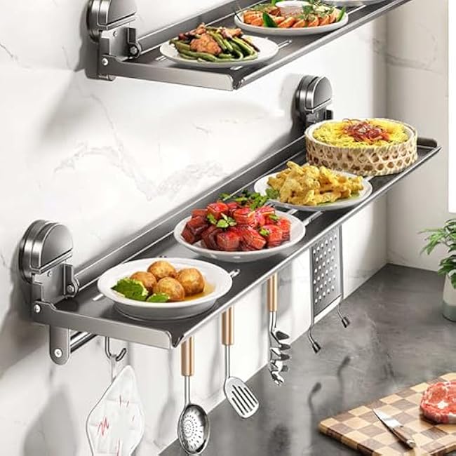 Wall-mounted Folding Kitchen Rack,Cooking Plates for Fruit And Vegetable,Side Dish Stacking Storage,for Snack Fruit and Vegea(59X20.2X17cm)
