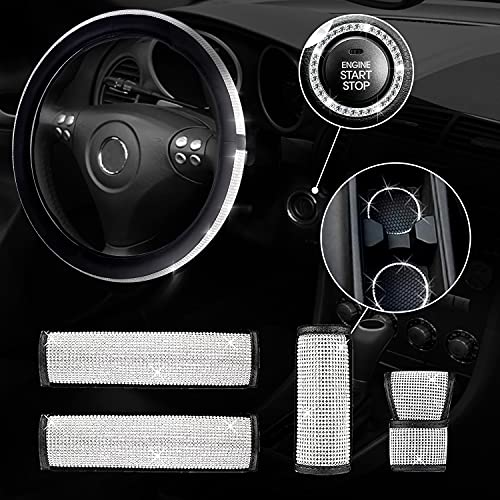 8 Pack Bling Diamond Car Accessories Set for Women,Universal Fit 15 Inch Crystal Rhinestone Bling Car Steering Wheel Cover Bling Ring Emblem Sticker Gear Shift Knob Cover | 2 Pcs Bling Car Cup Coaster