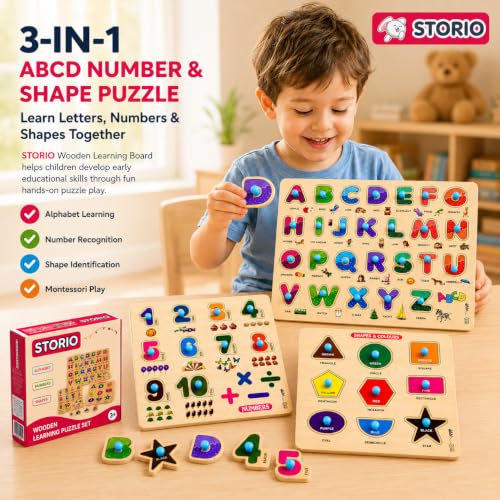 Image of Storio Wooden ABCD Learning Board for Kids, Alphabet Number Shape Puzzle Board, Montessori Educational Toy, Wooden Activity Puzzle for Toddlers Boys Girls Age 2 3 4 5 Years