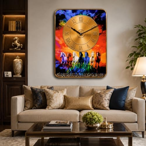 Image of 7 Running Horses Vastu Wall Clock 12x18 Inch | Silent Quartz | Golden Roman Dial | Home Office Living Room Decor Gift
