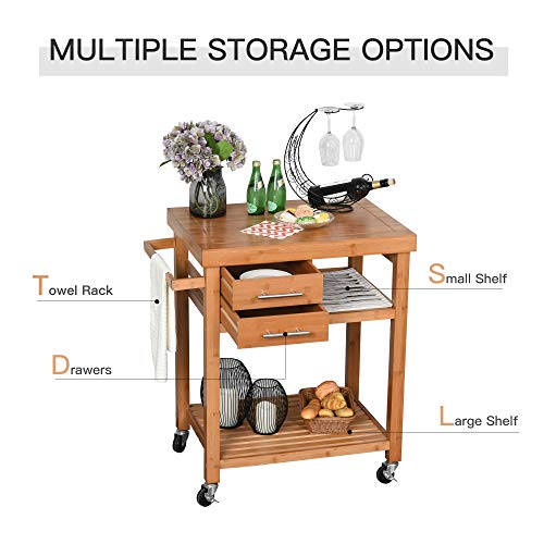 image for HOMCOM Bamboo Rolling Kitchen Island Trolley Utility Cart with Rolling
